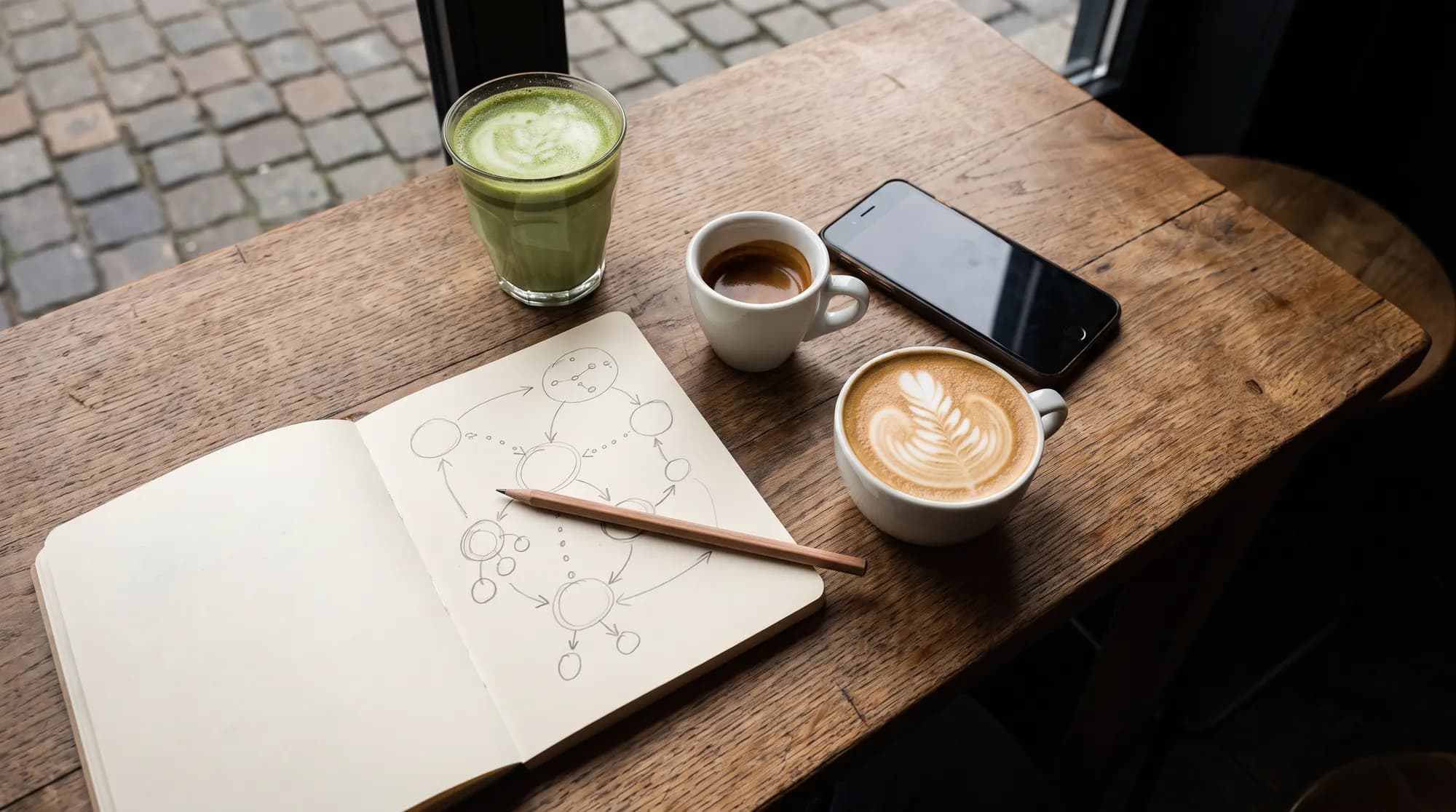 Widok z góry na stolik w kawiarni: matcha latte, espresso i flat white, otwarty notes z ołówkowym szkicem kółek i strzałek oraz smartfon ekranem do dołu