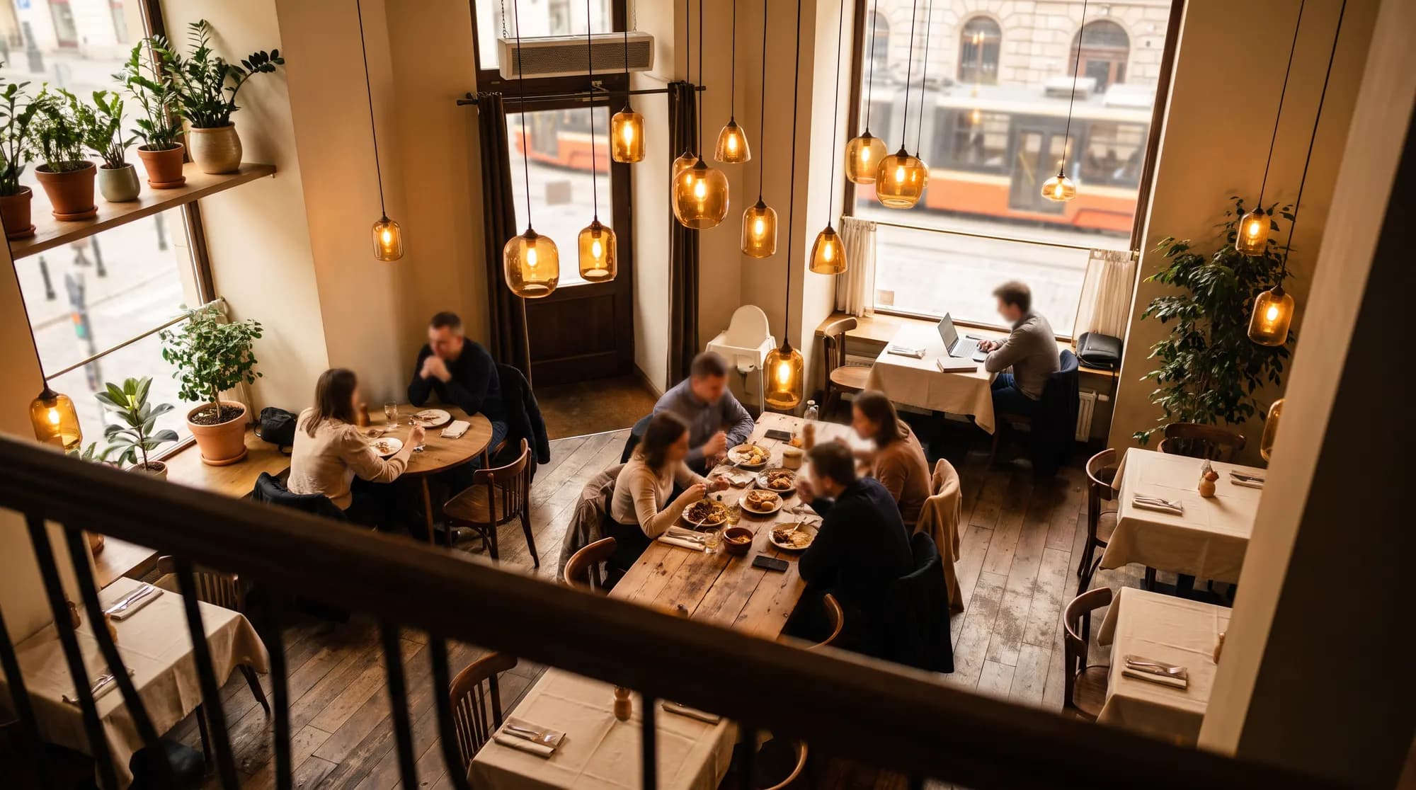 Sala restauracji widziana z antresoli w porze kolacji: para przy małym stoliku, grupa znajomych przy długim stole i gość z laptopem przy oknie