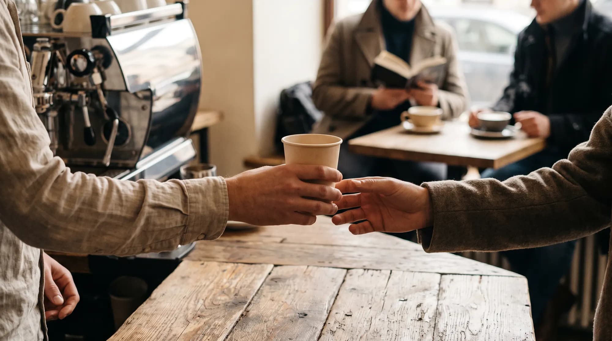 Barista podaje kubek kawy na wynos nad drewnianą ladą małej kawiarni, w tle stali goście przy stolikach czytają i piją kawę w porannym świetle