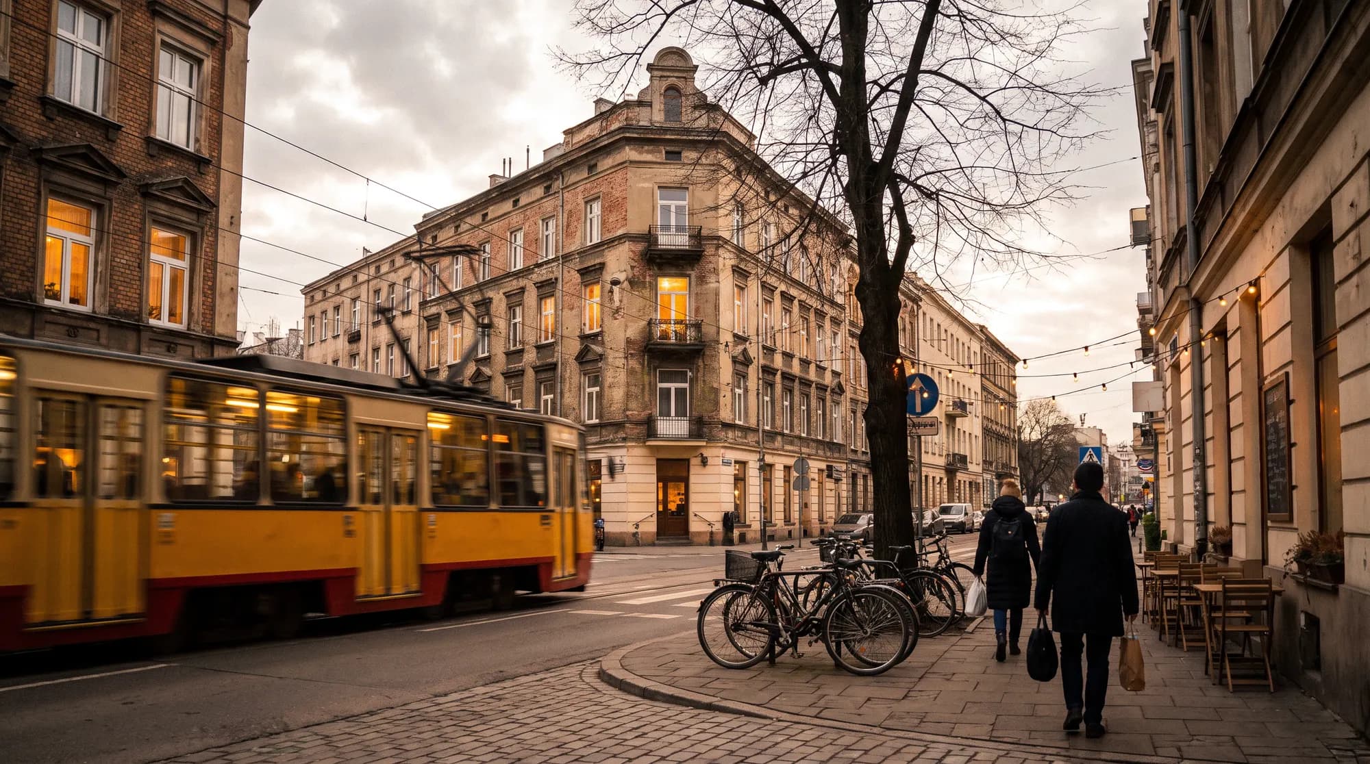 A street corner in Warsaw’s Praga district in the evening: a tram, parked bikes, a café with outdoor seating and people walking home from work