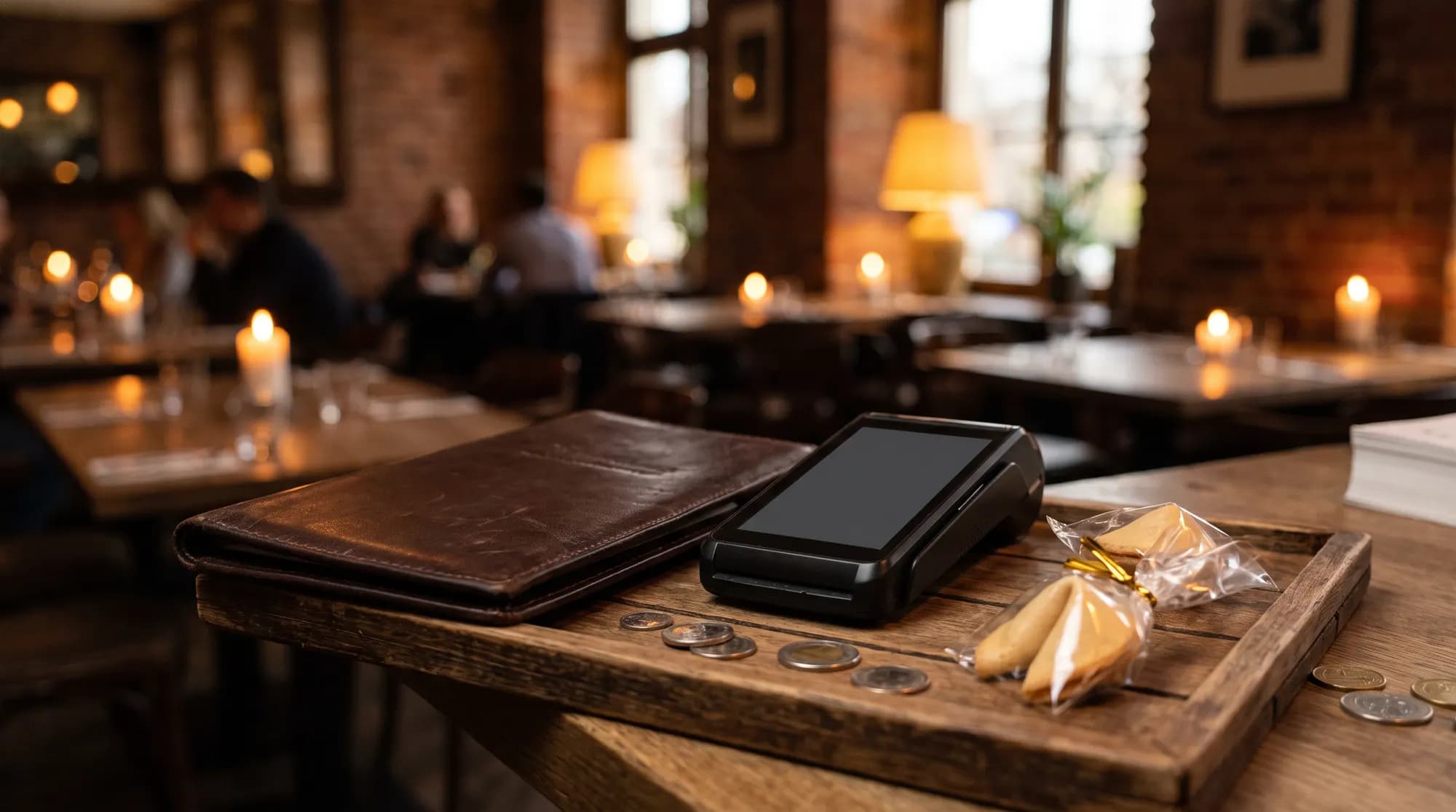 Skórzane etui na rachunek, terminal płatniczy, kilka monet i zapakowane ciasteczka z wróżbą na drewnianej tacy w restauracji oświetlonej świecami