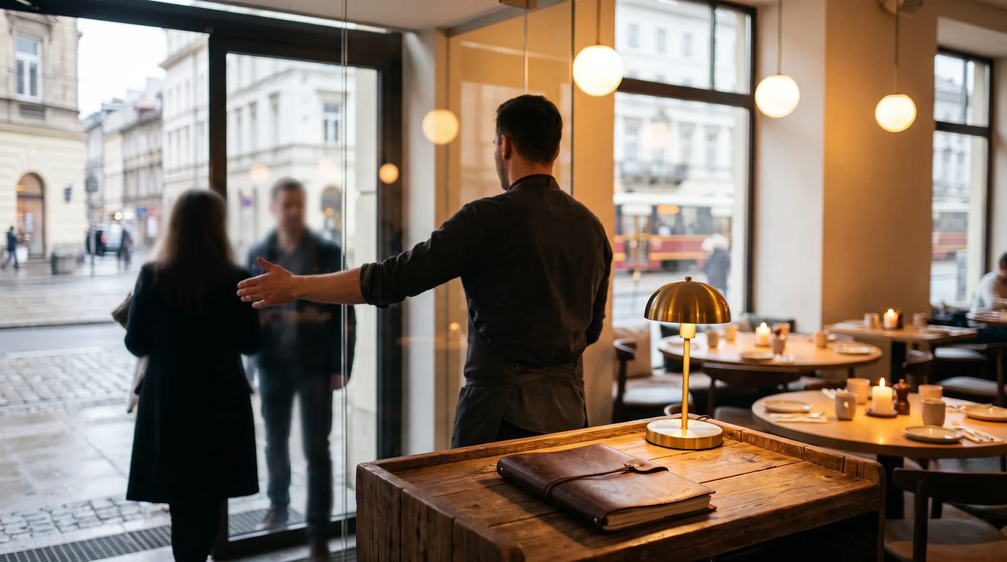 Kelner wita gestem ręki gości wchodzących do ciepło oświetlonej restauracji, na pierwszym planie drewniany pulpit z mosiężną lampką i skórzanym notesem