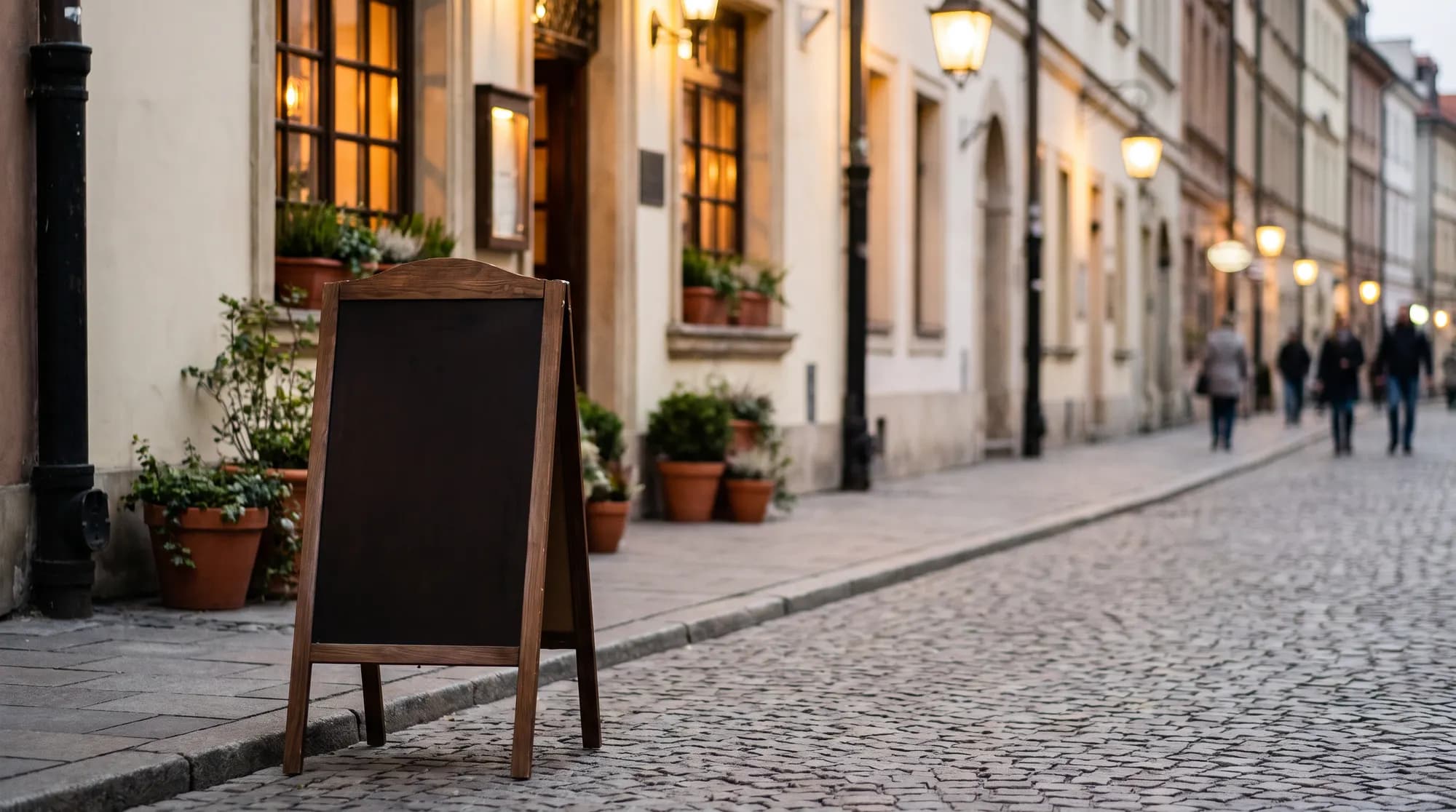 Pusta czarna tablica kredowa typu A na brukowanym chodniku przed wejściem do przytulnej restauracji z roślinami w donicach, wieczorem przy zapalonych latarniach