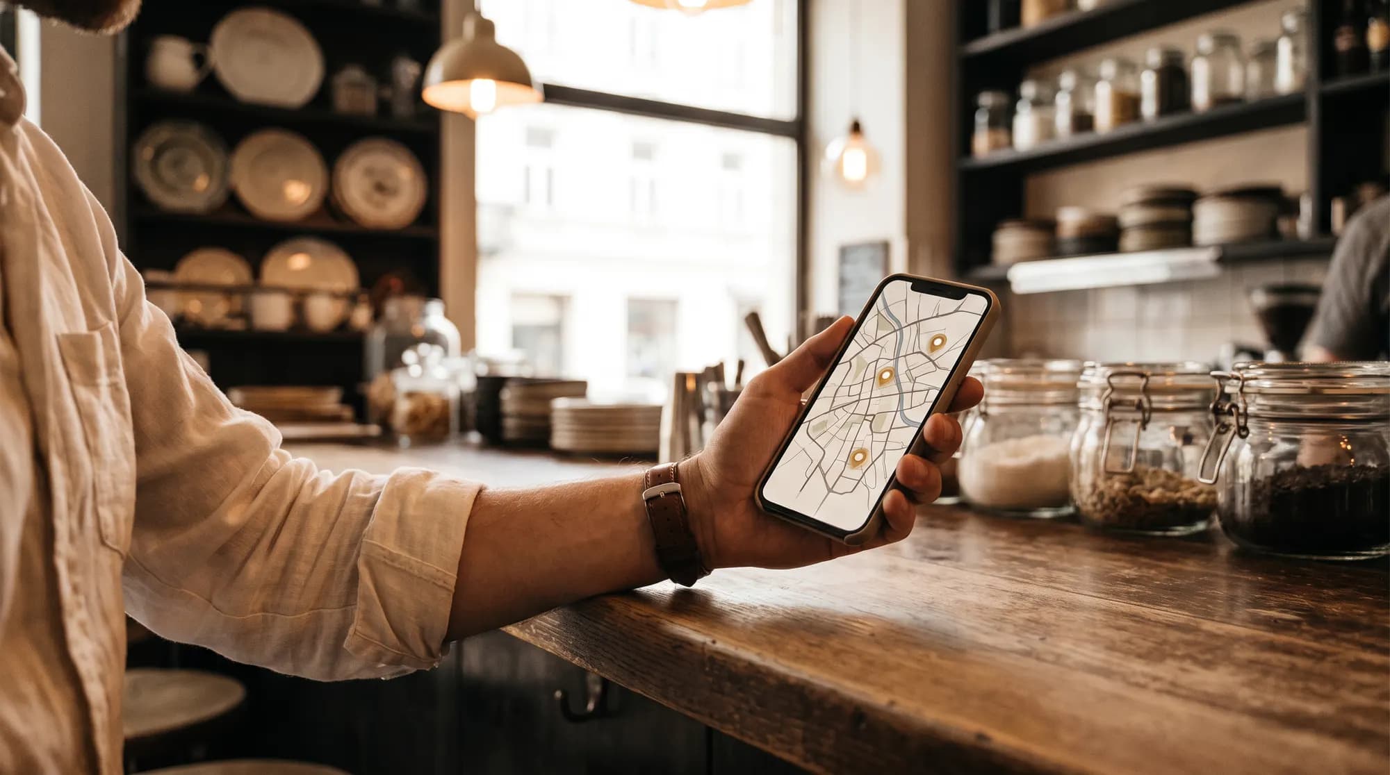 Właściciel bistro trzyma przy barze smartfon z uproszczoną mapą miasta i bursztynowymi pinezkami, w tle półki z ceramicznymi talerzami i słoikami