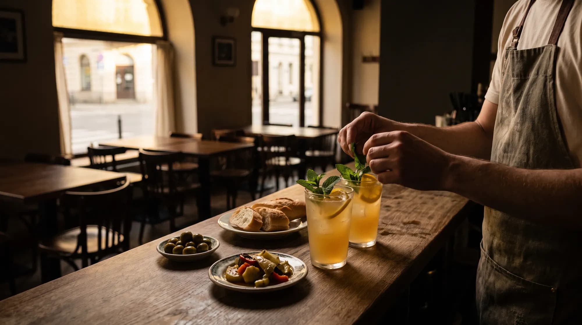 Barman dekoruje miętą dwie szklanki domowej lemoniady na drewnianym barze obok talerzyków z przekąskami, w tle wczesnowieczorne światło i wolne stoliki bistro