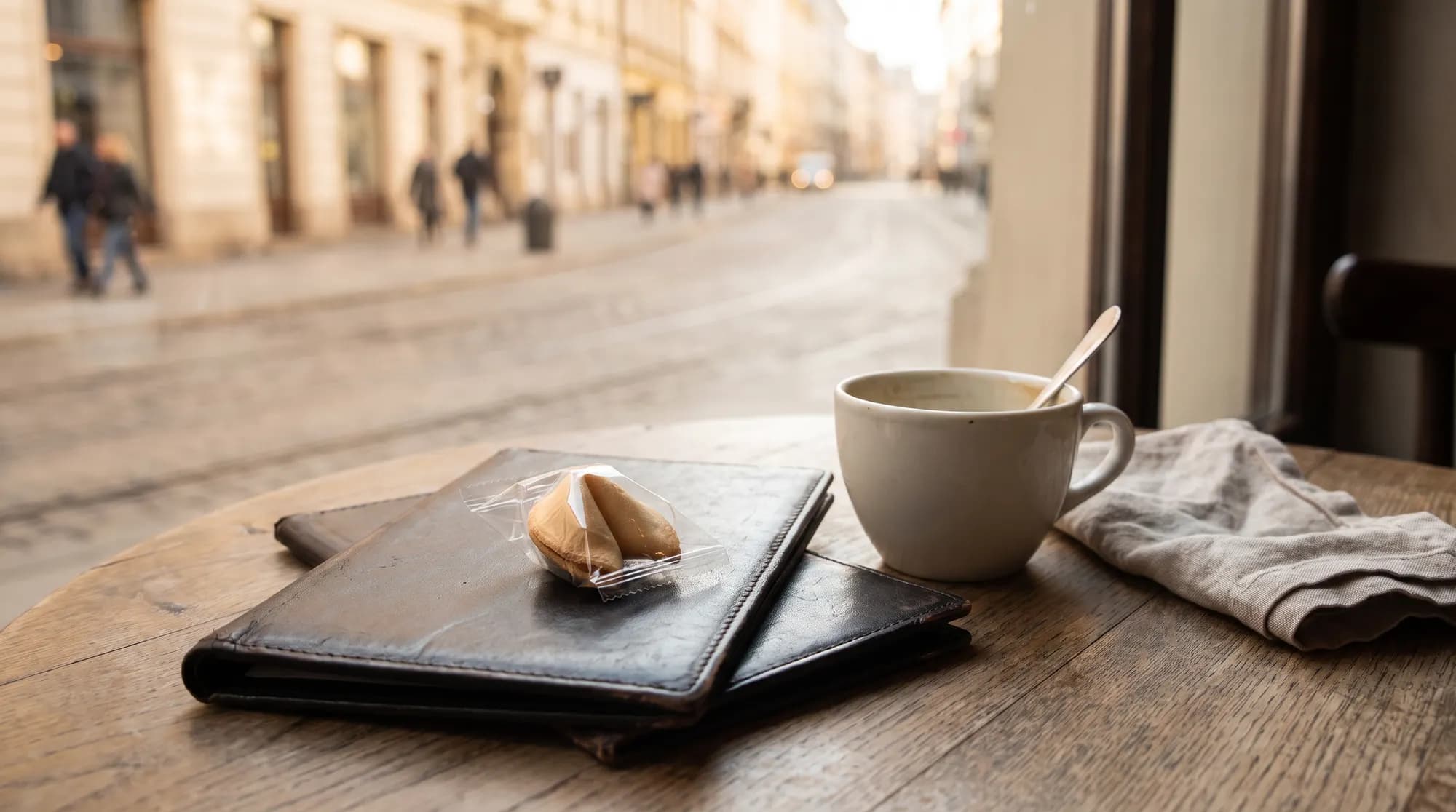 A wrapped fortune cookie on a leather bill folder next to a cup of coffee by a café window