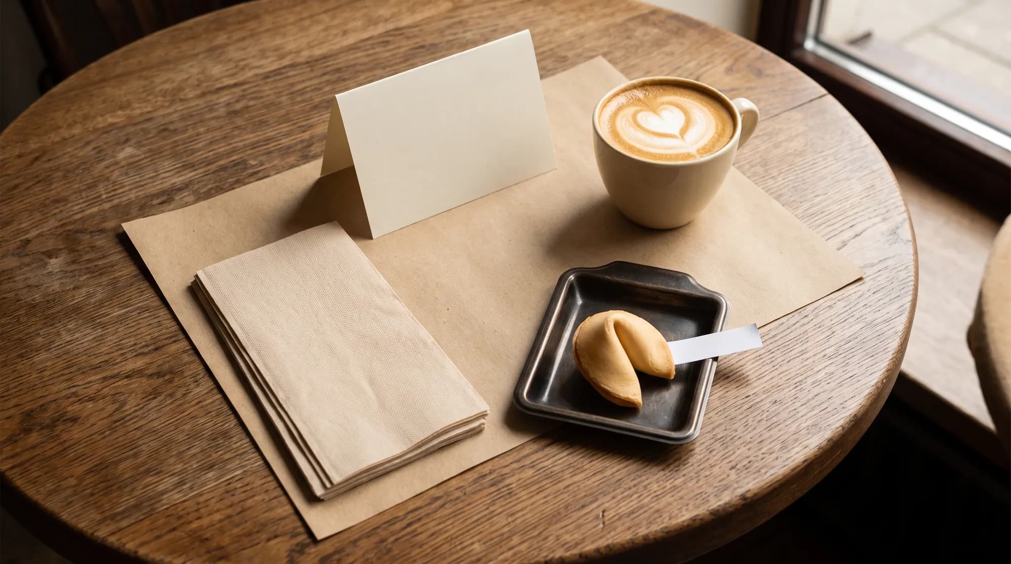 A café table with a blank paper placemat, a blank table tent, a stack of napkins, a cappuccino and a fortune cookie on a small tray