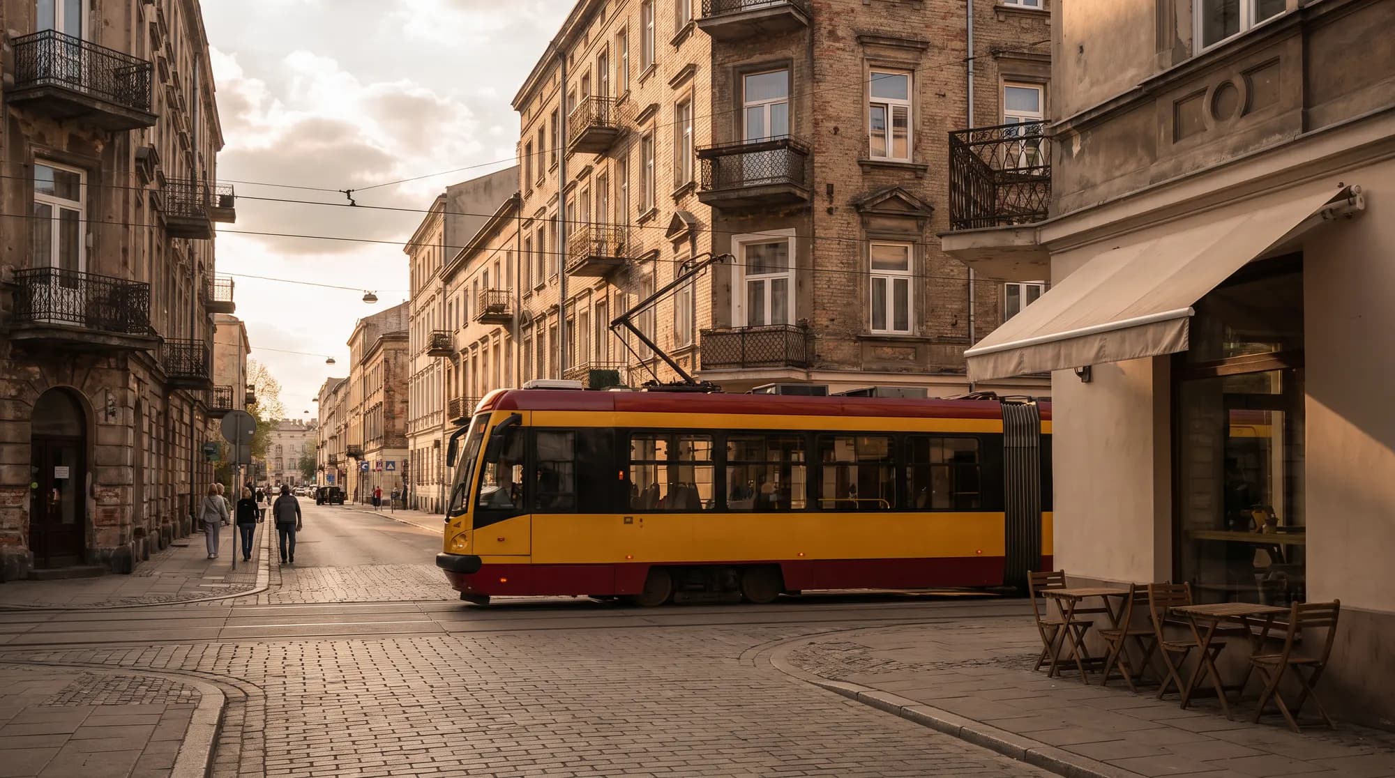 Żółto-czerwony tramwaj na brukowanej ulicy Pragi między przedwojennymi kamienicami, obok kawiarnia ze stolikami na chodniku w popołudniowym słońcu