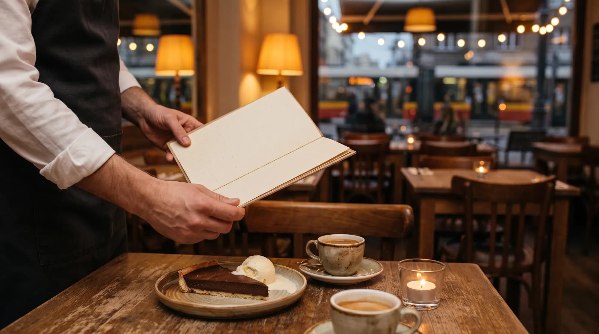 Kelner podaje otwartą kartę deserów przy stoliku z tartą czekoladową, filiżankami kawy i świecą w wieczornej restauracji