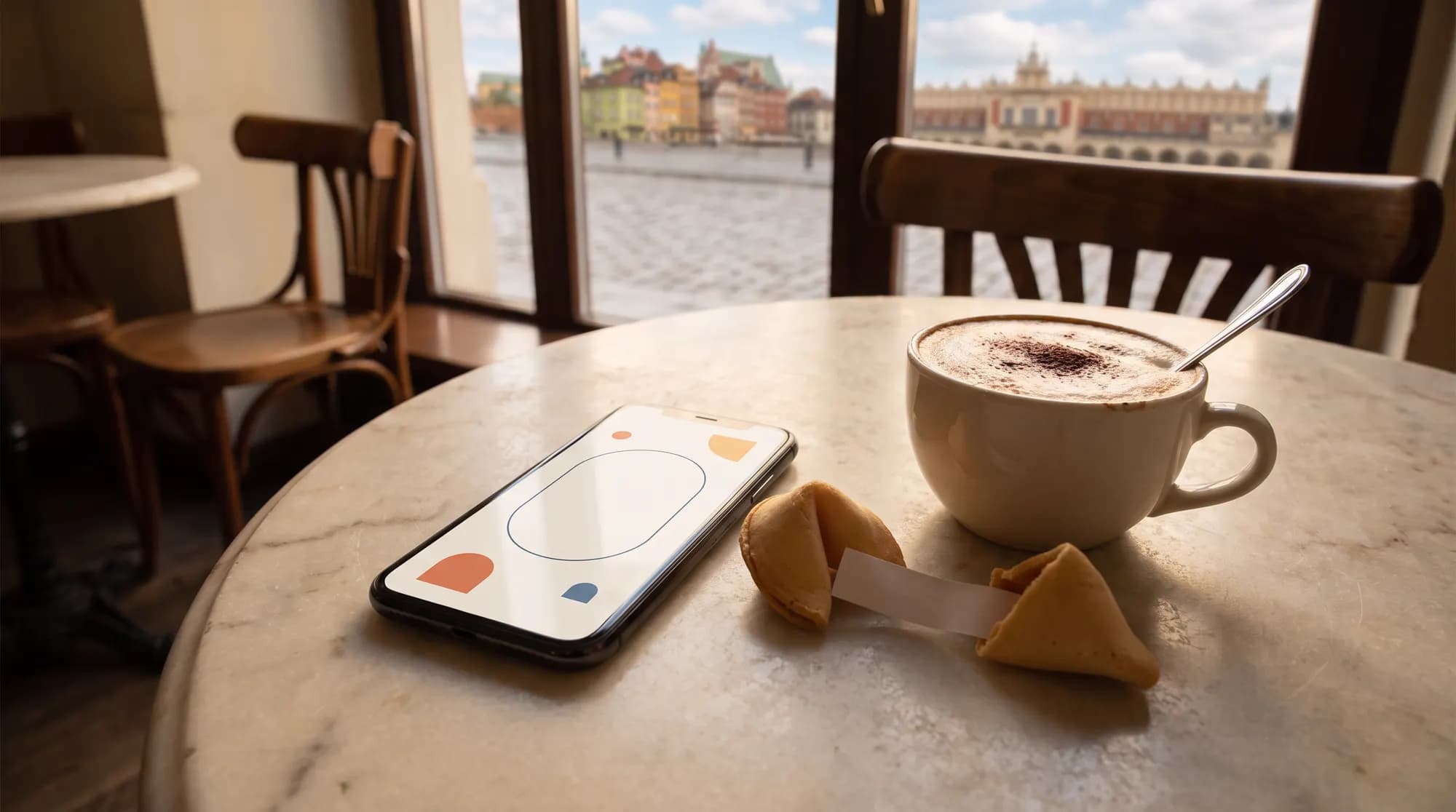 Smartfon z ekranem kuponu obok otwartego ciasteczka z wróżbą i filiżanki cappuccino na marmurowym stoliku