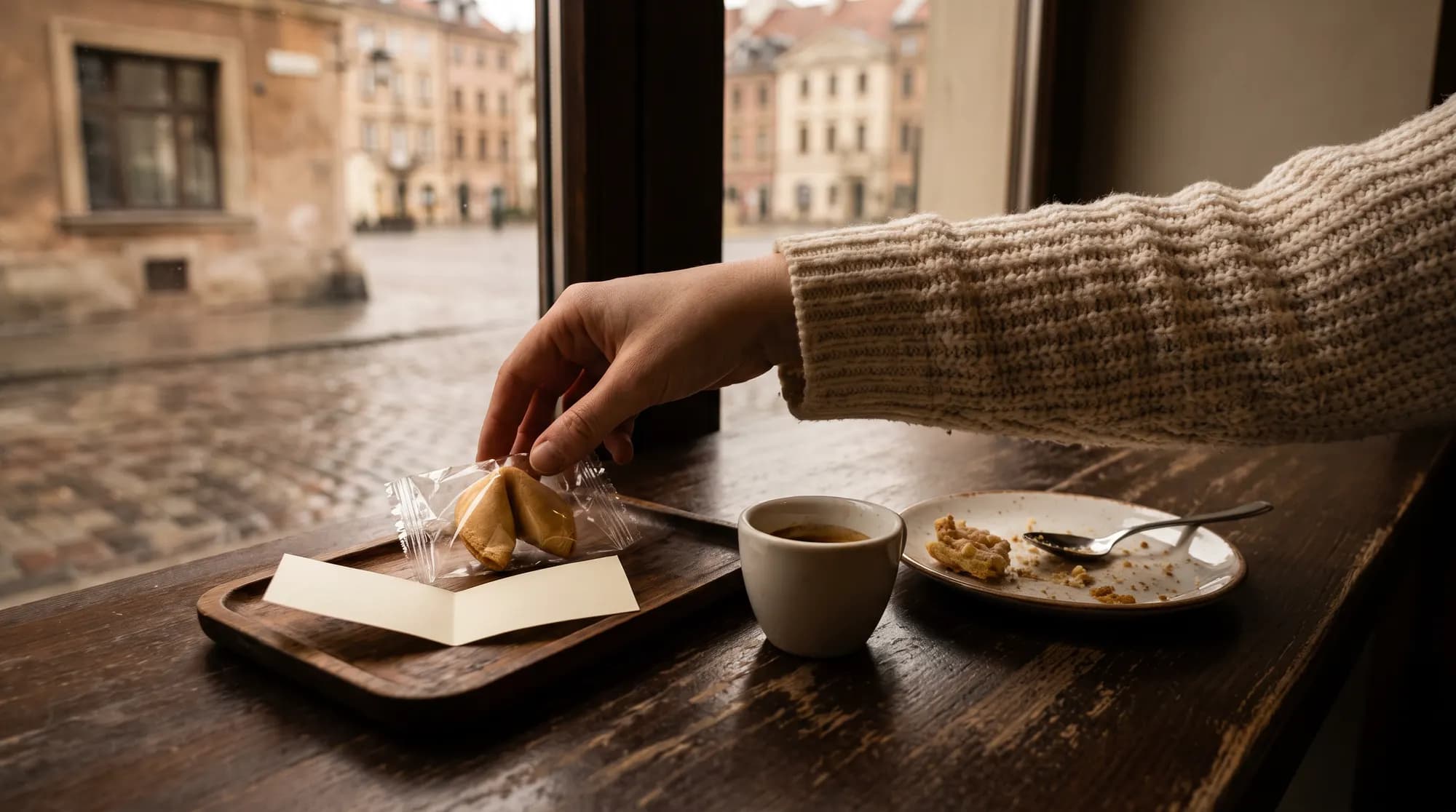 A wooden tray with the bill and a wrapped fortune cookie next to an espresso and an empty dessert plate, with a guest reaching for the cookie