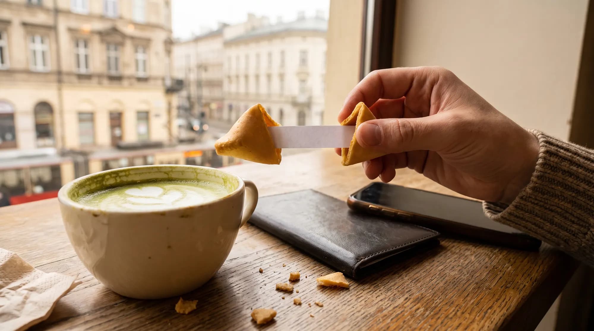 A hand holding an open fortune cookie by a café window, next to a matcha latte, a bill folder and a smartphone