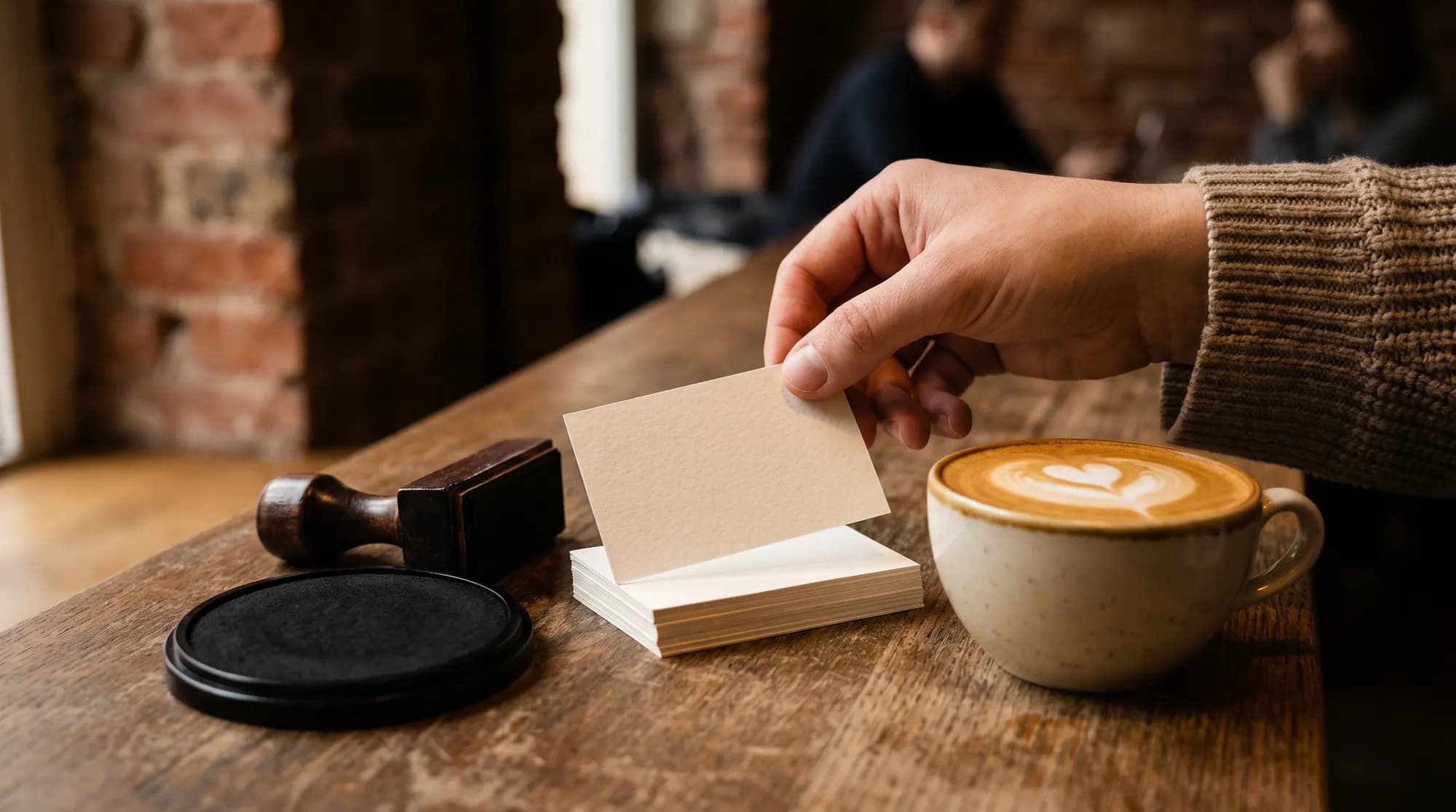 Dłoń gościa sięga po czystą kartę na pieczątki leżącą na ladzie kawiarni obok drewnianej pieczątki, poduszki z tuszem i cappuccino
