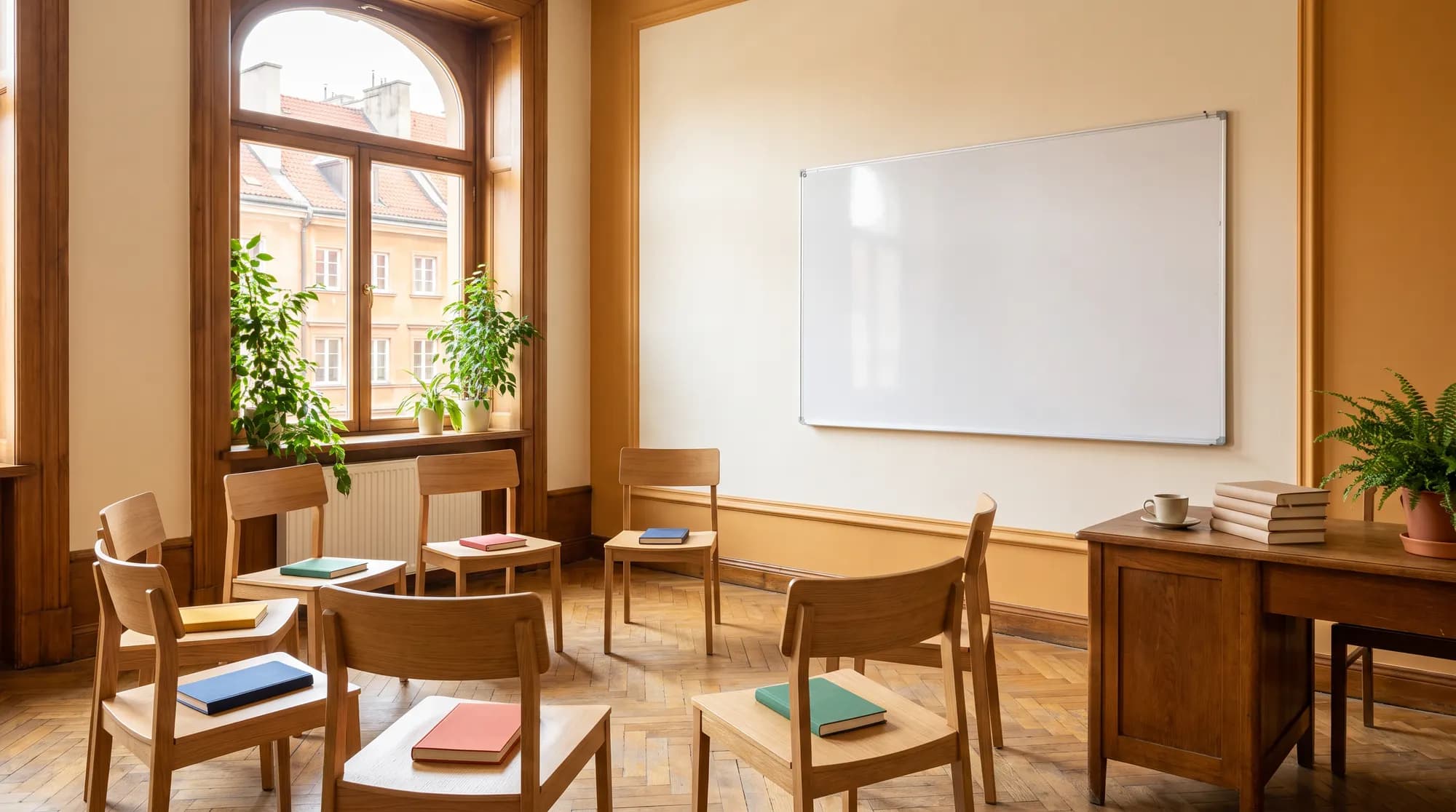 Jasna sala szkoły językowej w kamienicy: czysta biała tablica, drewniane krzesła ustawione w krąg z kolorowymi zeszytami i biurko z filiżanką kawy