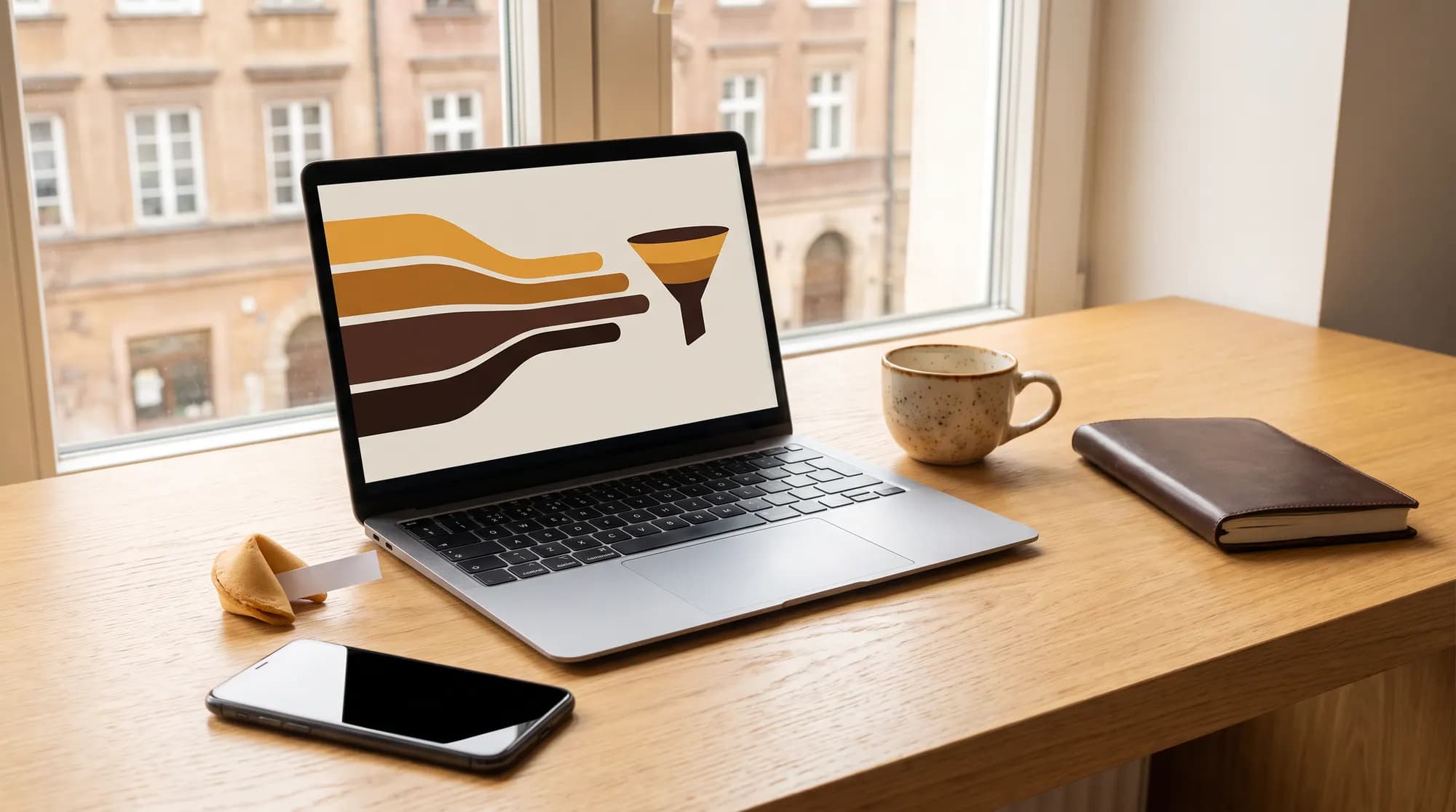Laptop showing an abstract campaign chart next to a broken fortune cookie and a smartphone on a bright desk