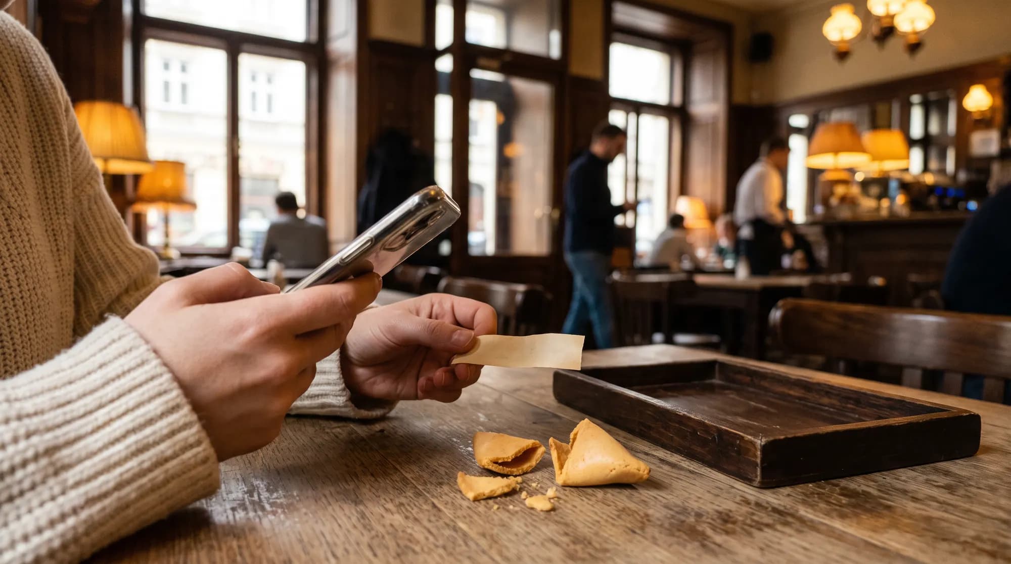 A café guest holding a smartphone in one hand and a paper slip from a broken fortune cookie in the other